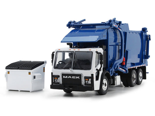 First Gear Mack LR Refuse Garbage Truck with McNeilus Meridian Front Loader White and Blue with Trash Bin 1/64 Diecast Model by DCP/First Gear