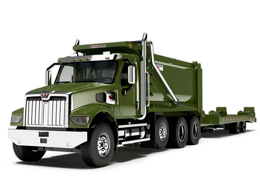 First Gear Western Star 49X Truck with Ox Bodies Dump & Beaver Tail Trailer Green Metallic 1/64 Diecast Model by DCP/First Gear