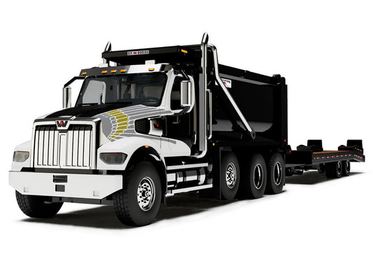 First Gear Western Star 49X Truck with Ox Bodies Dump & Beaver Tail Trailer Black with White Graphics 1/64 Diecast Model by DCP/First Gear