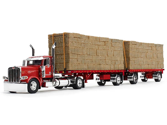 First Gear Peterbilt 389 Day Cab with Utility Dual 28.5' Flatbed Trailers with Hay Loads Viper Red with Graphics 1/64 Diecast Model by DCP/First Gear