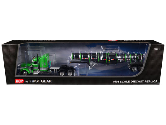 First Gear Peterbilt 389 with 48" Mid-Roof Sleeper and Polar Deep Drop Trailer Green and Silver 1/64 Diecast Model by DCP/First Gear