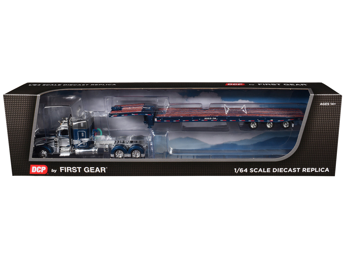 First Gear Peterbilt 389 with 48" Mid-Roof Sleeper and Talbert 5553T Traveling Axle Trailer Rich Blue and Silver 1/64 Diecast Model by DCP/First Gear