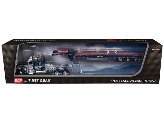 First Gear Peterbilt 389 with 48" Mid-Roof Sleeper and Talbert 5553T Traveling Axle Trailer Rich Blue and Silver 1/64 Diecast Model by DCP/First Gear