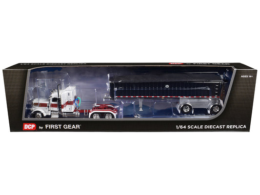 First Gear Peterbilt 389 with 48" Mid-Roof Sleeper and MAC Coal End Dump Trailer White with Red and Gold Stripes 1/64 Diecast Model by DCP/First Gear