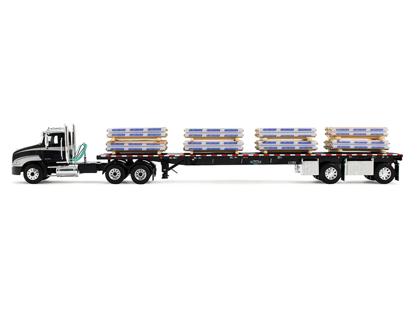 Mack Pinnacle Day Cab with Minimizer Parts & 53' Wilson Roadbrute Flatbed Trailer with "Carlisle Roofing" Loaded Pallets Black with Silver Top and Stripes 1/64 Diecast Model by DCP/First Gear