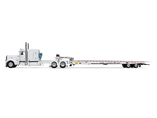 First Gear Peterbilt 389 with 63" Flat Top Sleeper and Landoll 440B50CA Traveling Axle Trailer White 1/64 Diecast Model by DCP/First Gear