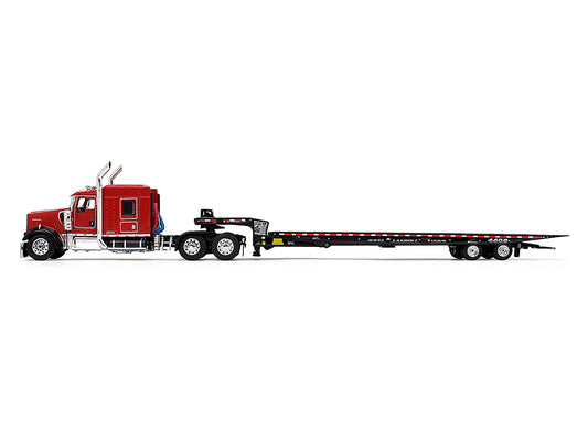 First Gear Kenworth W900L with 72" AeroCab Sleeper and Landoll 440B50CA Traveling Axle Trailer Viper Red and Black 1/64 Diecast Model by DCP/First Gear