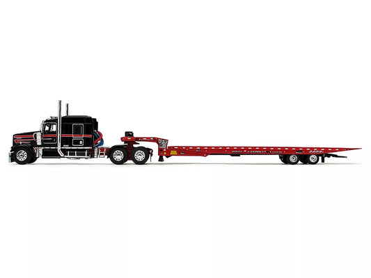 First Gear Kenworth W900L with 72" AeroCab Sleeper and Landoll 440B50CA Traveling Axle Trailer Black and Red 1/64 Diecast Model by DCP/First Gear