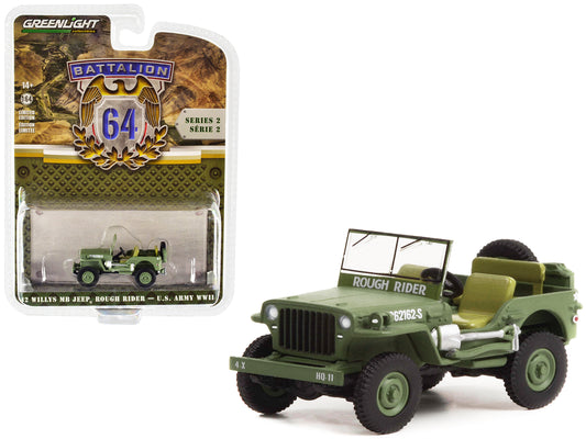 Greenlight 1942 Willys MB Jeep #20362162-S Green "U.S. Army World War II - Rough Rider" "Battalion 64" Release 2 1/64 Diecast Model Car by Greenlight
