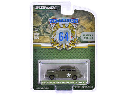 Greenlight 1942 Ford Fordor Deluxe "Army Staff Car" Matt Olive Green "Battalion 64" Series 4 1/64 Diecast Model Car by Greenlight