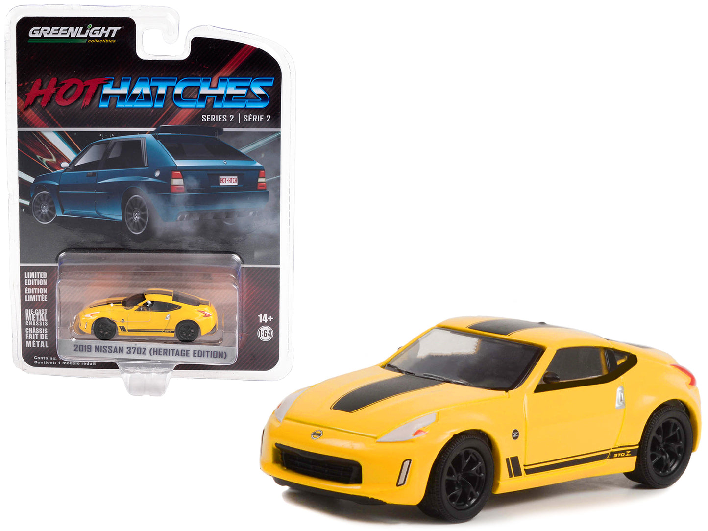 Greenlight 2019 Nissan 370Z (Heritage Edition) Chicane Yellow with Black Stripes "Hot Hatches" Series 2 1/64 Diecast Model Car by Greenlight