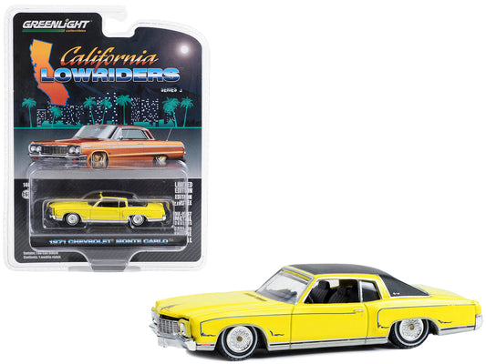 Greenlight 1971 Chevrolet Monte Carlo Lowrider Sunflower Yellow with Black Top "California Lowriders" Series 3 1/64 Diecast Model Car by Greenlight