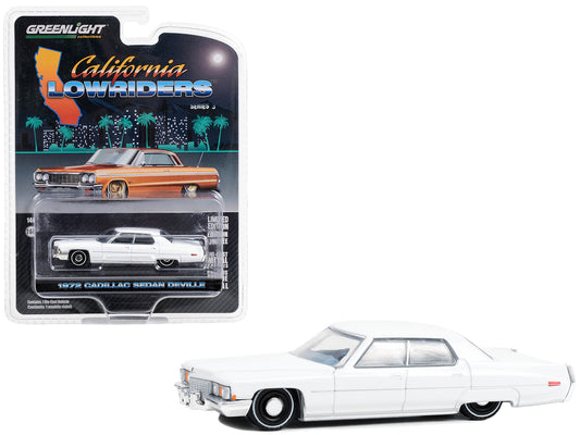 Greenlight 1972 Cadillac Sedan deVille Lowrider Cotillion White with Blue Interior "California Lowriders" Series 3 1/64 Diecast Model Car by Greenlight