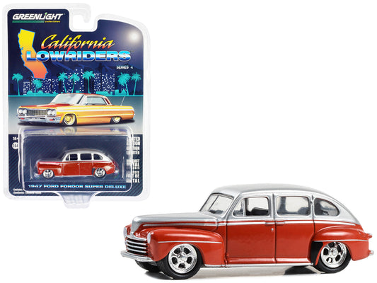 Greenlight 1947 Ford Fordor Super Deluxe Lowrider Red and Silver Metallic "California Lowriders" Series 4 1/64 Diecast Model Car by Greenlight