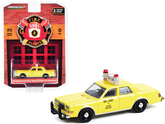 Greenlight 1982 Plymouth Gran Fury Yellow "Detroit Fire Department Battalion Chief #1" (Michigan) "Fire & Rescue" Series 2 1/64 Diecast Model Car by Greenlight