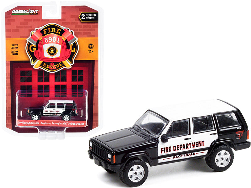 Greenlight 2000 Jeep Cherokee Black and White "Scottdale Fire Department" (Pennsylvania) "Fire & Rescue" Series 2 1/64 Diecast Model Car by Greenlight