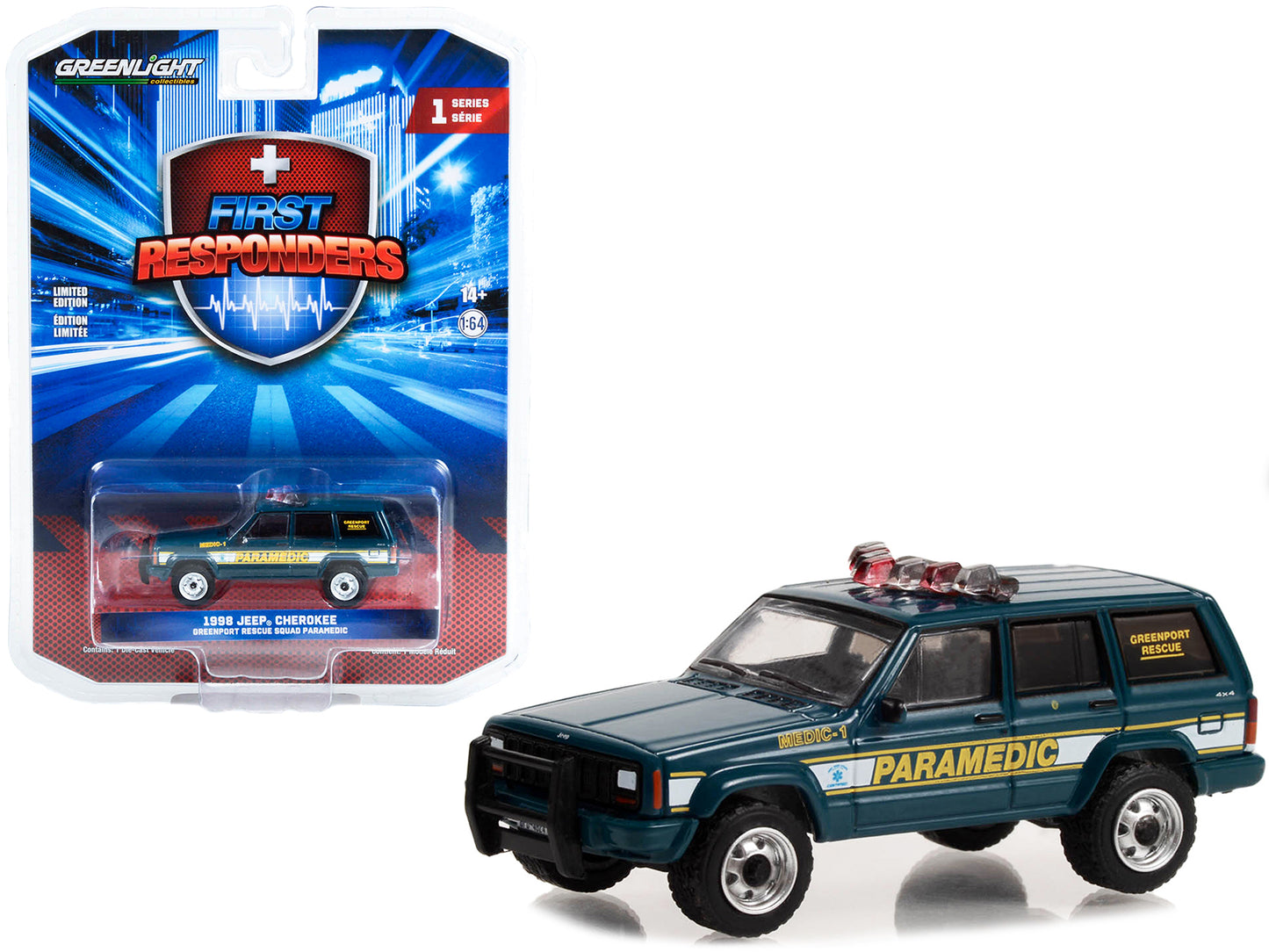 Greenlight 1998 Jeep Cherokee Blue "Greenport Rescue Squad Paramedic Greenport New York" "First Responders" Series 1 1/64 Diecast Model Car by Greenlight