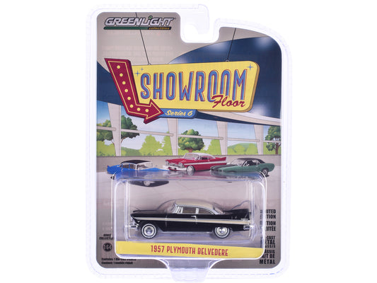 Greenlight 1957 Plymouth Belvedere Jet Black with Sand Dune White Top and Stripes "Showroom Floor" Series 6 1/64 Diecast Model Car by Greenlight