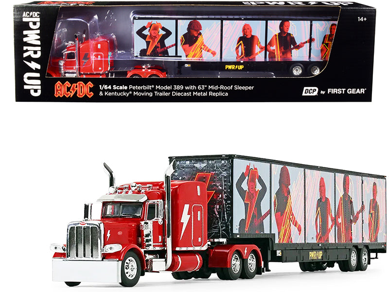 First Gear Peterbilt 389 63" Mid-Roof Sleeper Cab Viper Red with Kentucky Moving Trailer "AC/DC Power Up" 1/64 Diecast Model by DCP/First Gear