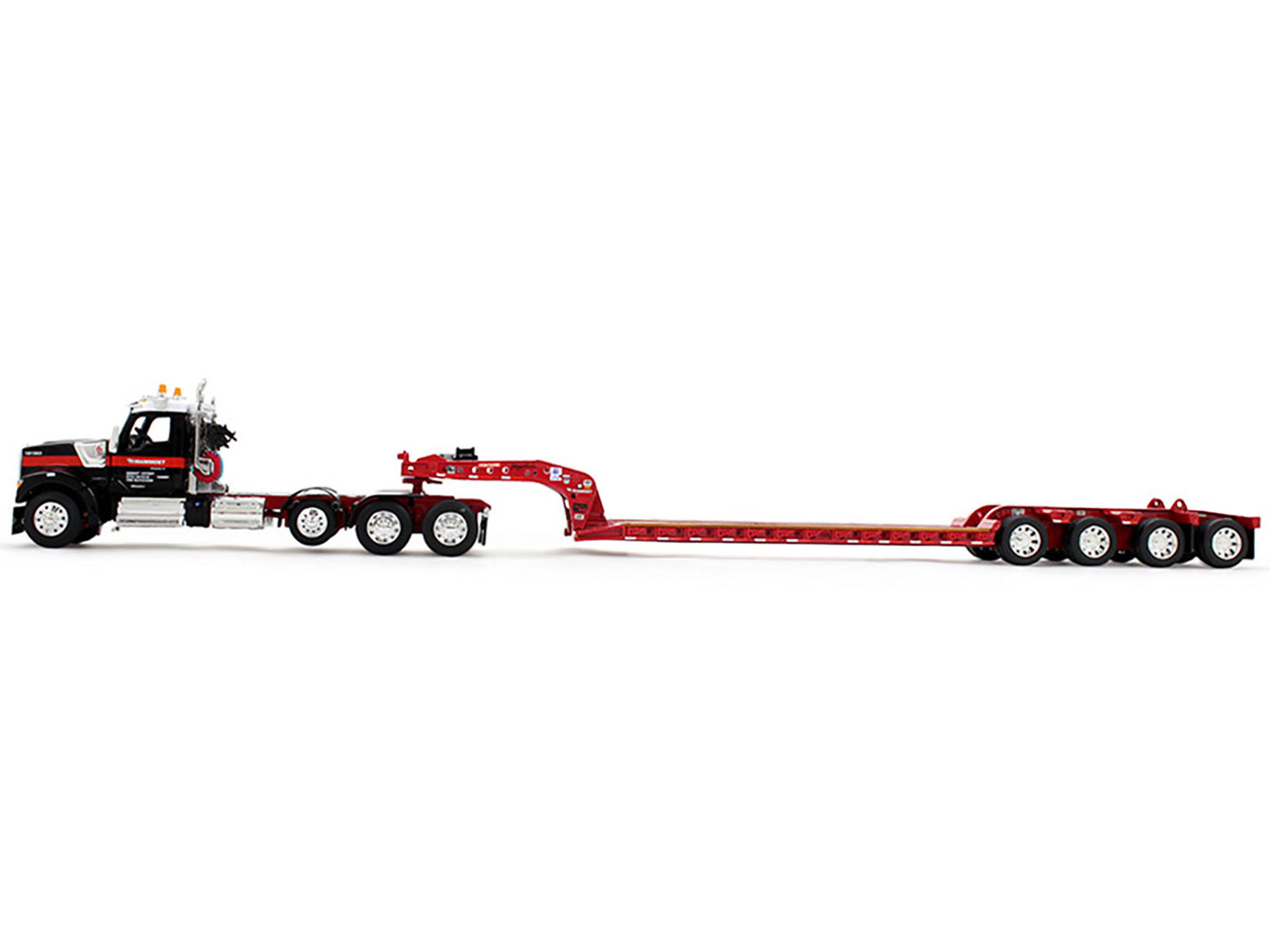 First Gear Kenworth W990 Heavy Haul Day Cab and Magnitude Tri-Axle Lowboy Trailer with Flip Tail "Mammoet" Black and Red 1/64 Diecast Model by DCP/First Gear