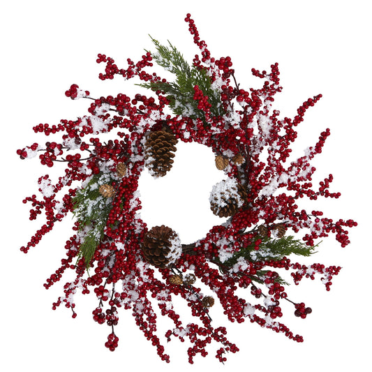 24" Frosted Cypress Wreath with Berries and Pine Cones