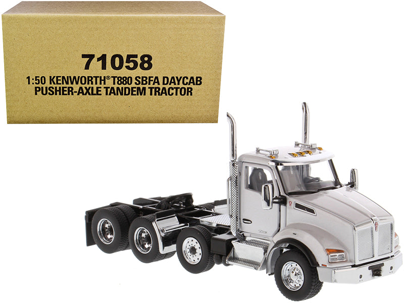 Diecast Masters Kenworth T880 SBFA Day Cab Pusher-Axle Tandem Truck Tractor White Metallic 1/50 Diecast Model by Diecast Masters
