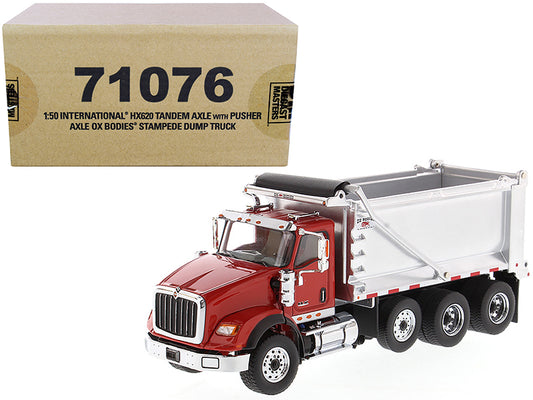 Diecast Masters International HX620 Tandem Axle with Pusher Axle OX Stampede Dump Truck Red and Chrome "Transport Series" 1/50 Diecast Model by Diecast Masters