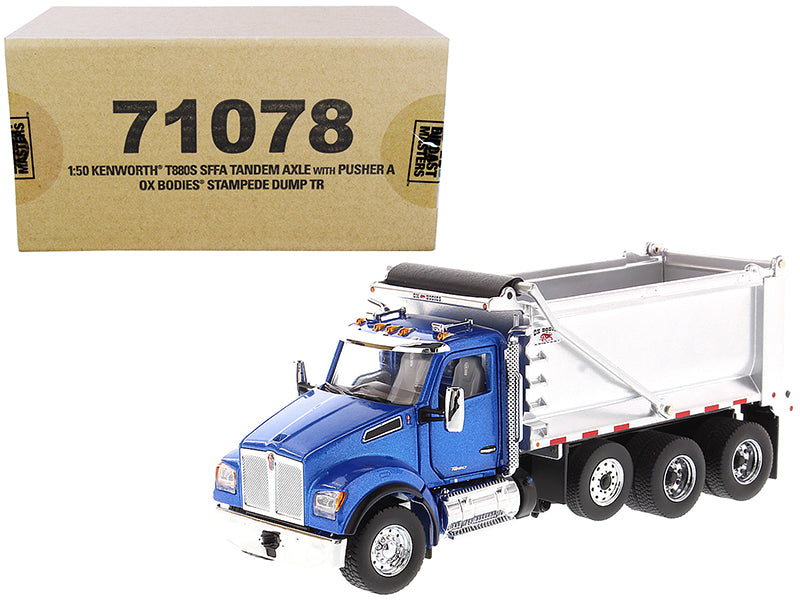 Diecast Masters Kenworth T880S SFFA Tandem Axle with Pusher Axle OX Stampede Dump Truck Blue and Chrome "Transport Series" 1/50 Diecast Model by Diecast Masters