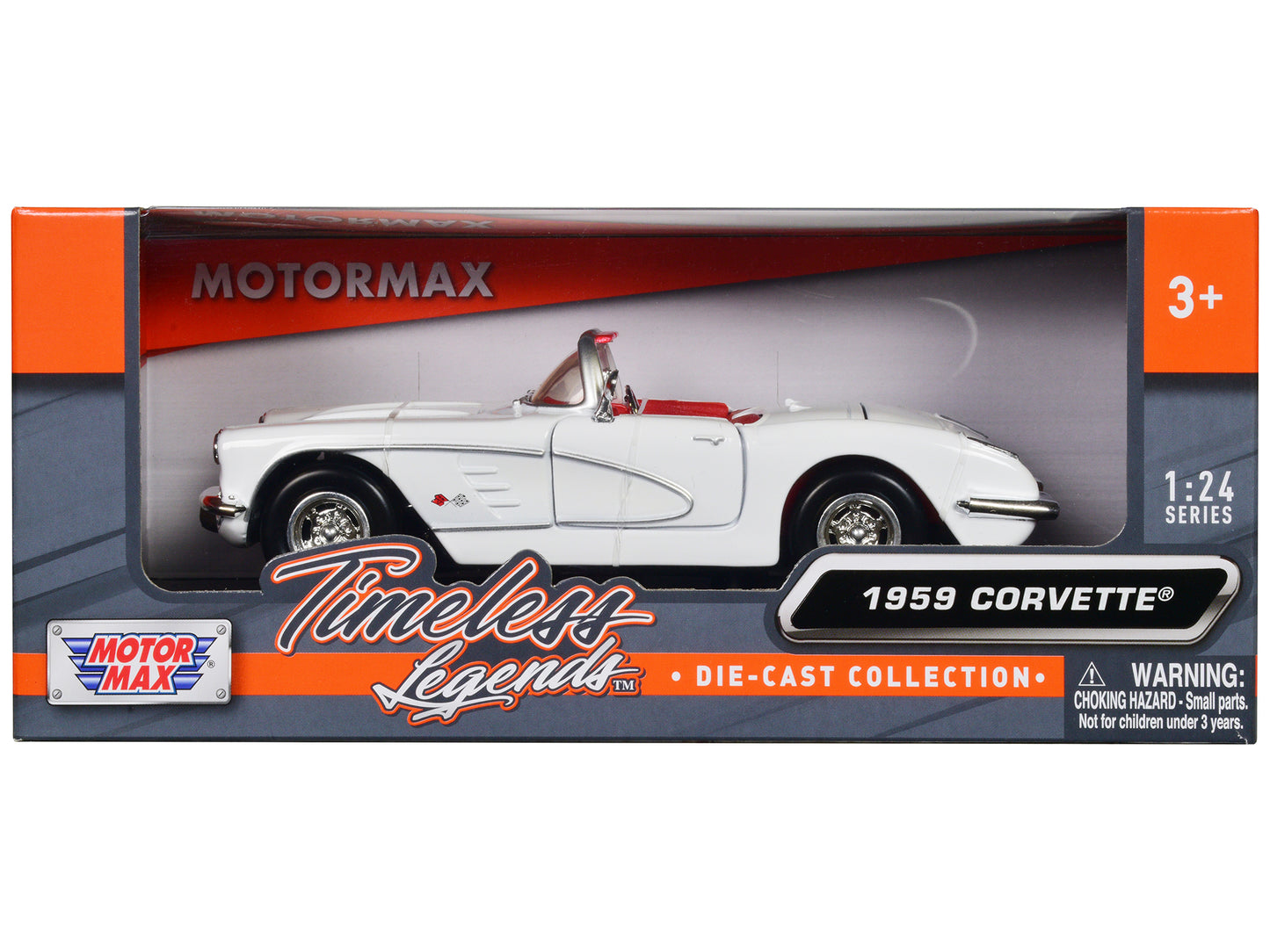Motormax 1959 Chevrolet Corvette C1 Convertible White with Red Interior "Timeless Legends" Series 1/24 Diecast Model Car by Motormax