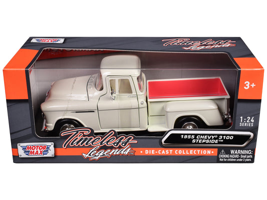 Motormax 1955 Chevrolet 3100 Stepside Pickup Truck Cream with White Interior "Timeless Legends" Series 1/24 Diecast Model Car by Motormax