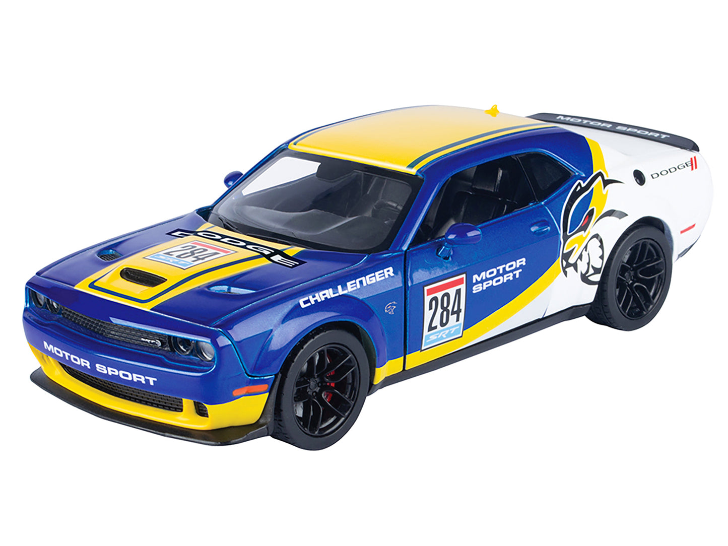 Motormax 2018 Dodge Challenger SRT Hellcat Widebody #284 Blue Metallic and White with Yellow Graphics "GT Racing" Series 1/24 Diecast Model Car by Motormax