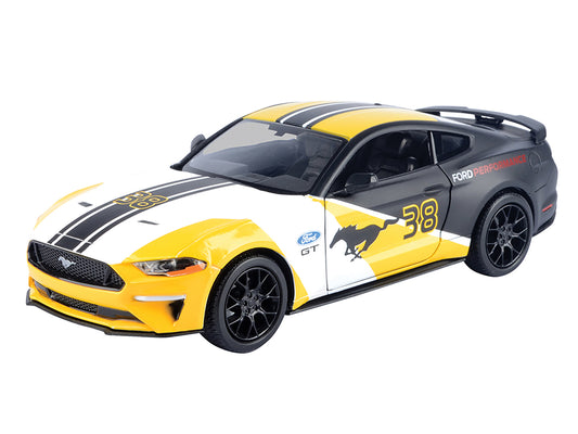 Motormax 2018 Ford Mustang GT #38 White and Matt Black with Yellow Graphics "GT Racing" Series 1/24 Diecast Model Car by Motormax