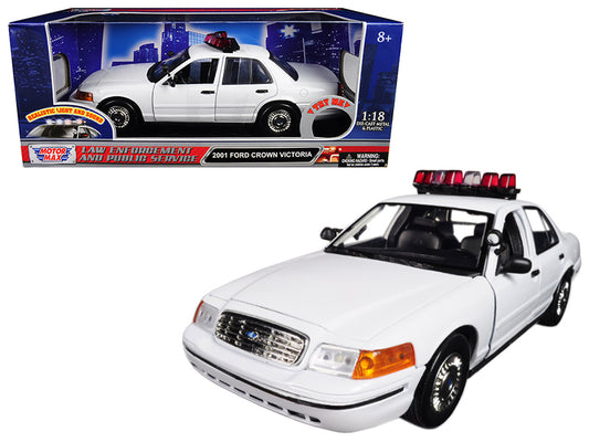 Motormax 2001 Ford Crown Victoria Police Car Plain White with Flashing Light Bar and Front and Rear Lights and Sounds 1/18 Diecast Model Car by Motormax
