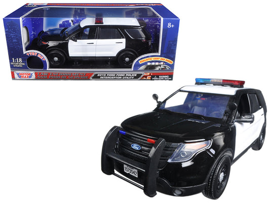 Motormax 2015 Ford Police Interceptor Utility Black and White with Flashing Light Bar and Front and Rear Lights and 2 Sounds 1/18 Diecast Model Car by Motormax
