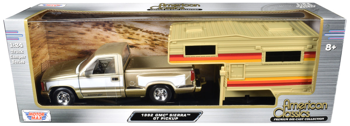 Motormax 1992 GMC Sierra GT Pickup Truck Gold Metallic with White Sides with Camper Shell "American Classics" Series 1/24 Diecast Model Car by Motormax