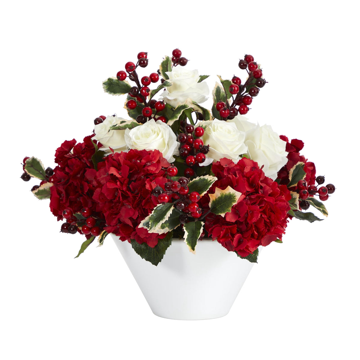 17" Rose Hydrangea and Holly Berry Arrangement in Vase