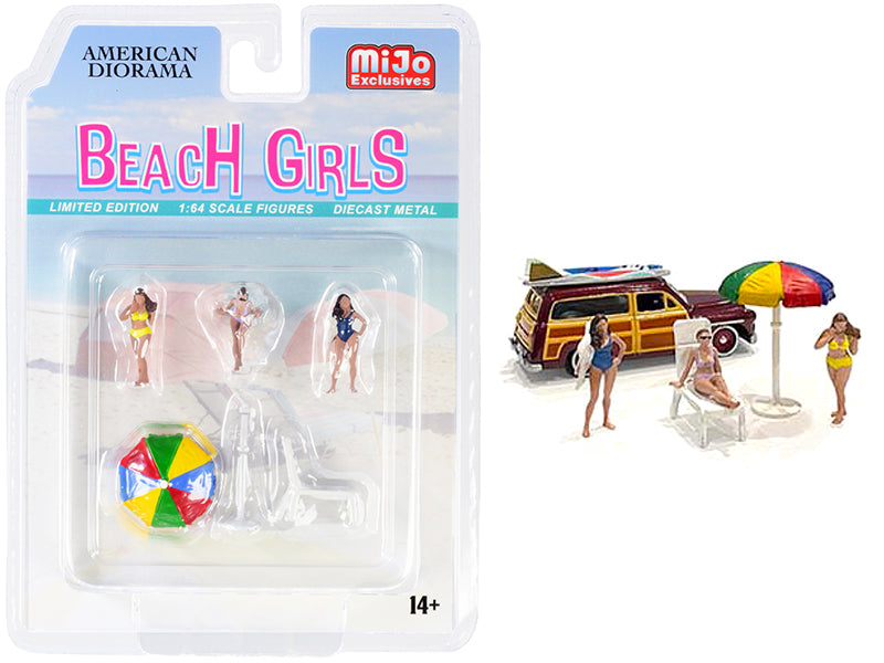 American Diorama "Beach Girls" 5 piece Diecast Set (3 Figurines 1 Beach Chaise and 1 Beach Umbrella) for 1/64 Scale Models by American Diorama