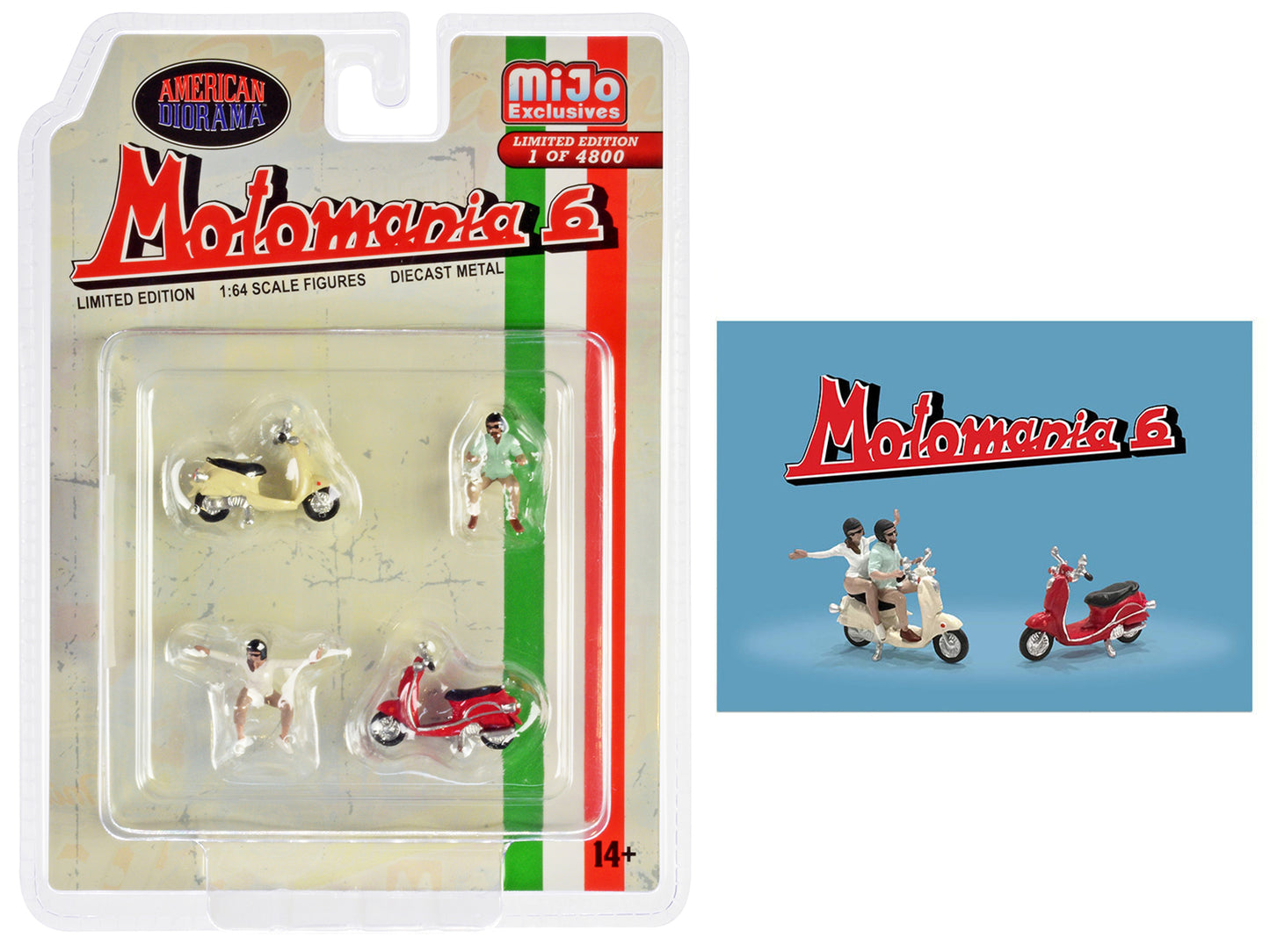 American Diorama "Motomania 6" 4 piece Diecast Figure Set (2 Figures 2 Scooters) Limited Edition to 4800 pieces Worldwide 1/64 Scale Models by American Diorama