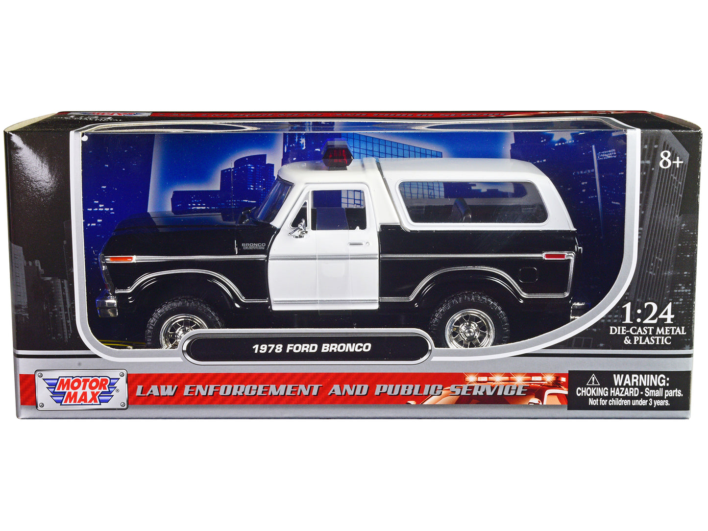 Motormax 1978 Ford Bronco Police Car Unmarked Black and White "Law Enforcement and Public Service" Series 1/24 Diecast Model Car by Motormax