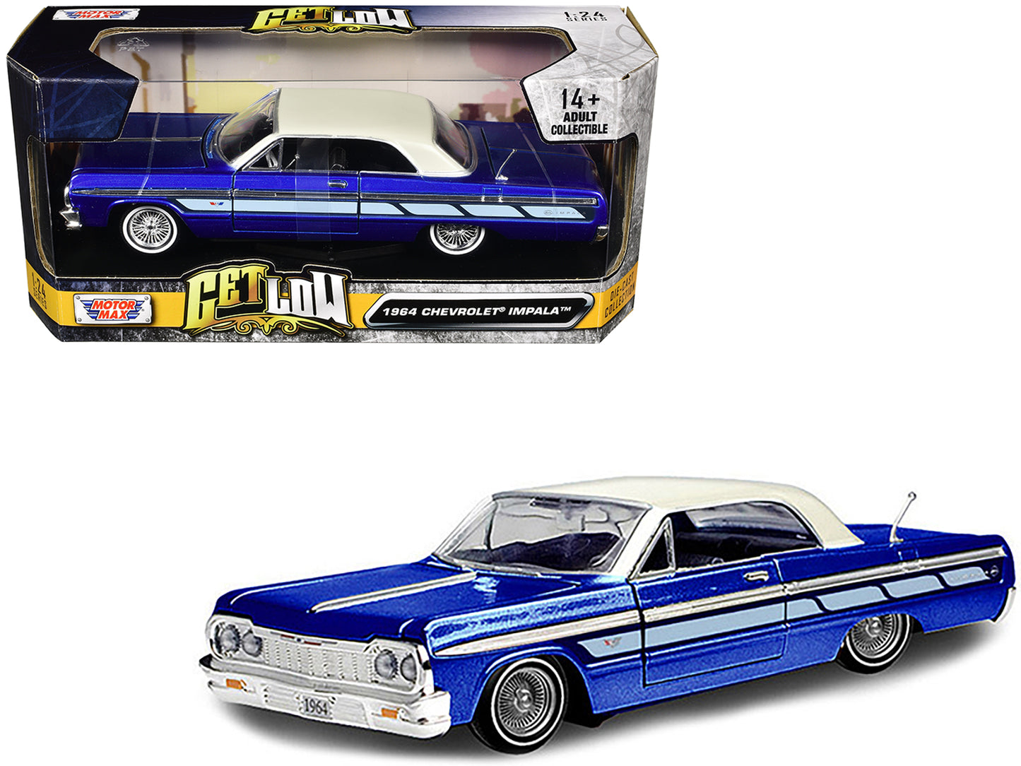 Motormax 1964 Chevrolet Impala Lowrider Hard Top Candy Blue Metallic with Cream Top "Get Low" Series 1/24 Diecast Model Car by Motormax