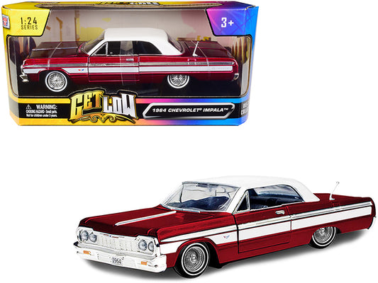 Motormax 1964 Chevrolet Impala Lowrider Hard Top Candy Red Metallic with White Top "Get Low" Series 1/24 Diecast Model Car by Motormax
