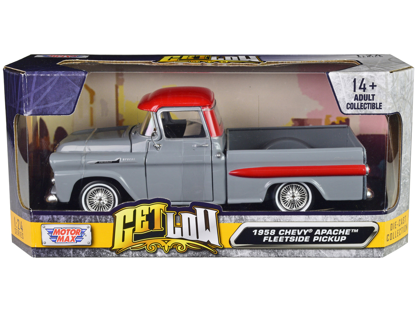 Motormax 1958 Chevrolet Apache Fleetside Pickup Truck Lowrider Gray with Red Top "Get Low" Series 1/24 Diecast Model Car by Motormax