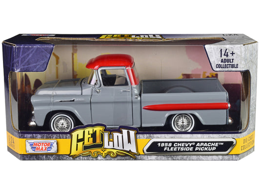Motormax 1958 Chevrolet Apache Fleetside Pickup Truck Lowrider Gray with Red Top "Get Low" Series 1/24 Diecast Model Car by Motormax