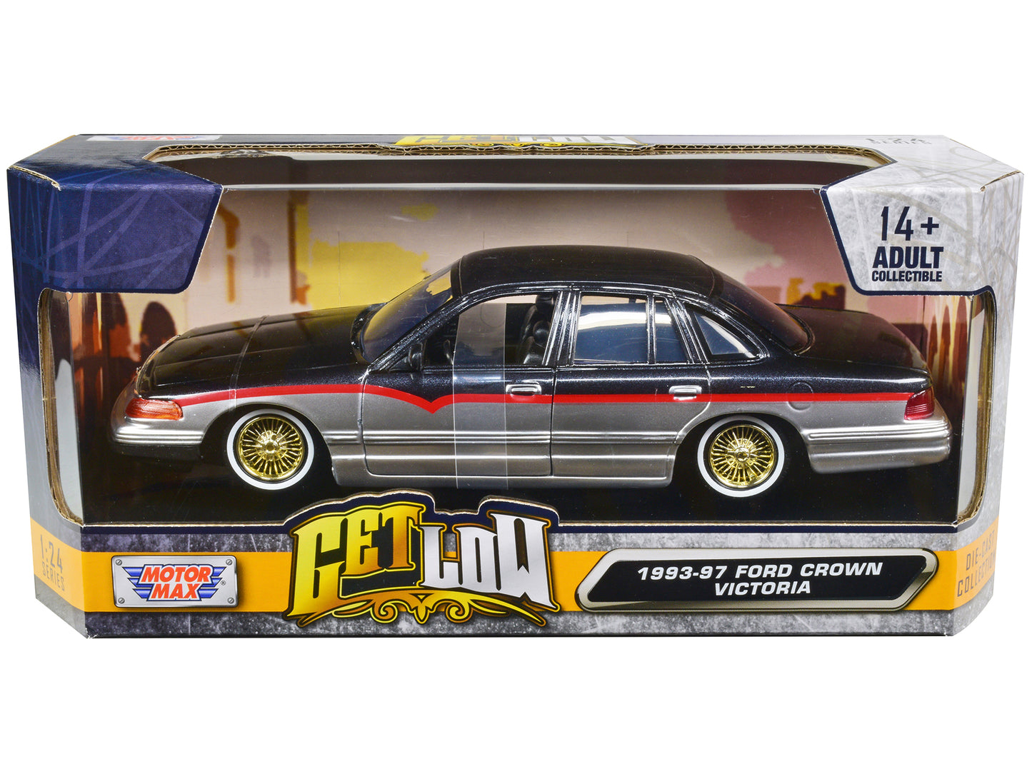 Motormax 1993-1997 Ford Crown Victoria Lowrider Black Metallic and Silver with Red Stripes "Get Low" Series 1/24 Diecast Model Car by Motormax