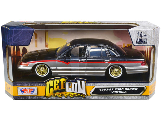 Motormax 1993-1997 Ford Crown Victoria Lowrider Black Metallic and Silver with Red Stripes "Get Low" Series 1/24 Diecast Model Car by Motormax