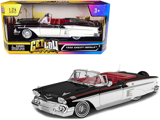 Motormax 1958 Chevrolet Impala Convertible Lowrider Black and White with Red Interior "Get Low" Series 1/24 Diecast Model Car by Motormax