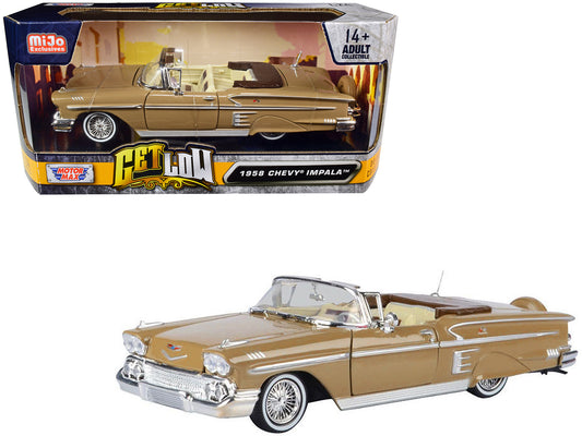 Motormax 1958 Chevrolet Impala Convertible Lowrider Light Brown with Cream Interior "Get Low" Series 1/24 Diecast Model Car by Motormax