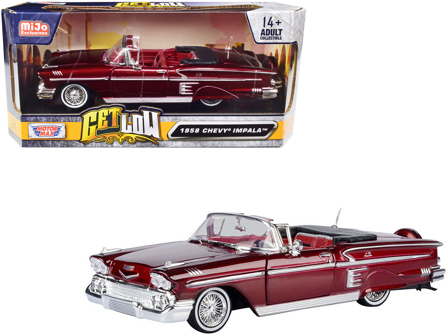 Motormax 1958 Chevrolet Impala Convertible Lowrider Dark Red Metallic with Red Interior "Get Low" Series 1/24 Diecast Model Car by Motormax
