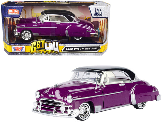 Motormax 1950 Chevrolet Bel Air Lowrider Purple Metallic with Black Top and White Interior "Get Low" Series 1/24 Diecast Model Car by Motormax