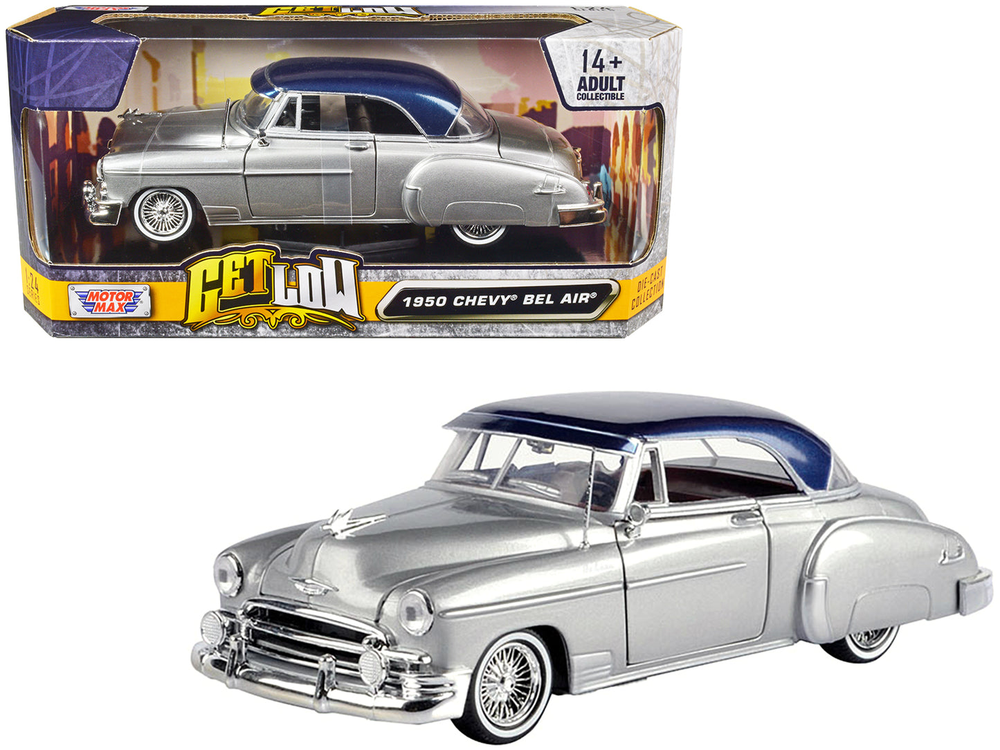 Motormax 1950 Chevrolet Bel Air Lowrider Silver Metallic with Blue Metallic Top "Get Low" Series 1/24 Diecast Model Car by Motormax